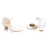 Avery White Leather Communion Heels with Scallop Detail