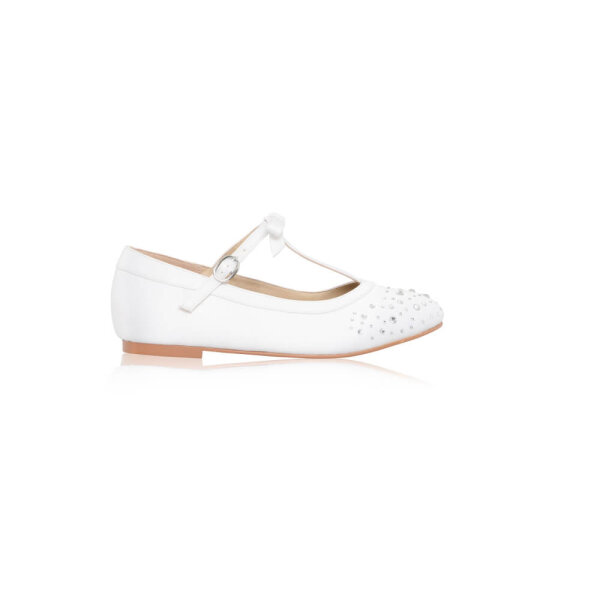 Ruthie White Satin Communion Flat with Bow/T-bar/Diamante