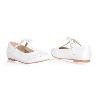 Ruthie White Satin Communion Flat with Bow/T-bar/Diamante