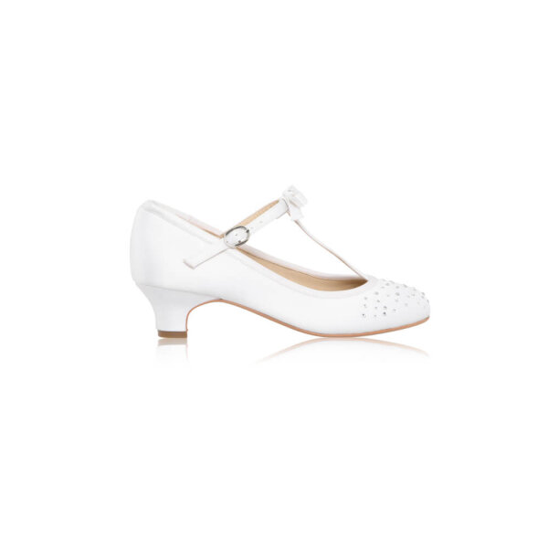 Vickie White Satin Communion Heels with Bow/T-bar/Diamante