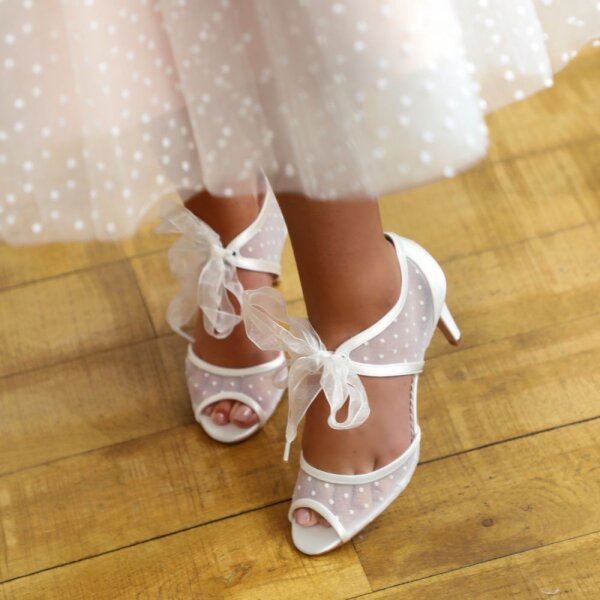 Petra Dyeable Ivory Satin/Spot Mesh Peep Toe with Organza Ribbon