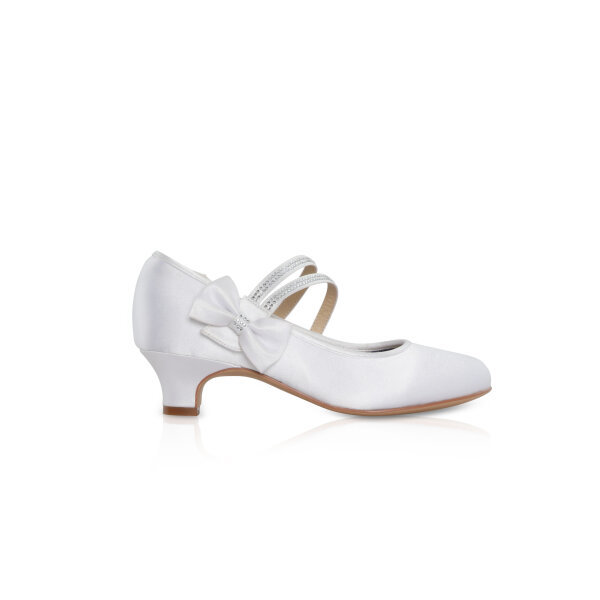Felicity White Communion Heels with Satin Bow Velcro Strap