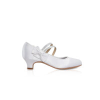 Felicity White Communion Heels with Satin Bow Velcro Strap