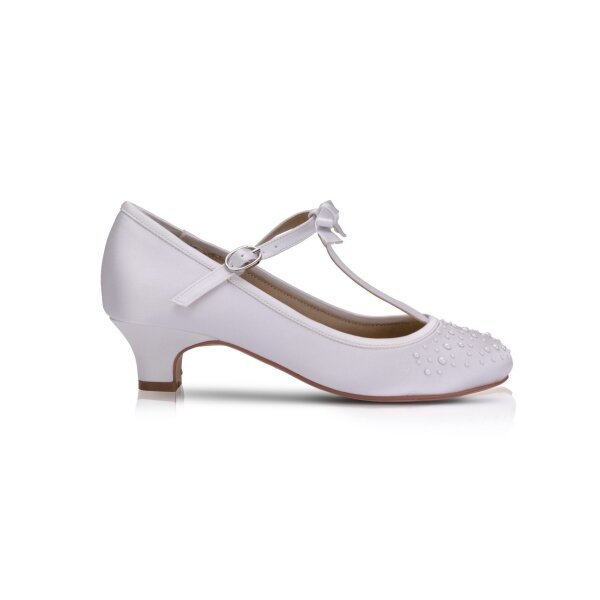 Hope White Satin with Pearl Communion Heels and T-bar