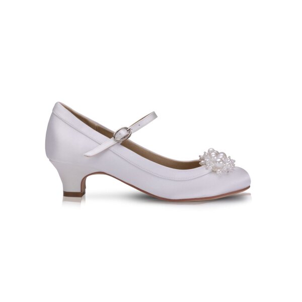 Faith White Satin Communion Heel with Strap and pearl bow