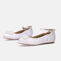 Joy White Leather Communion Flat with Ankle Strap
