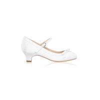 Beth Ivory Satin Communion Heels with Satin Bow/Ankle Strap